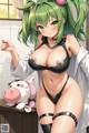 A woman in a black lingerie with green hair and a piggy bank.