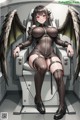 A woman sitting on a chair with wings on her back.