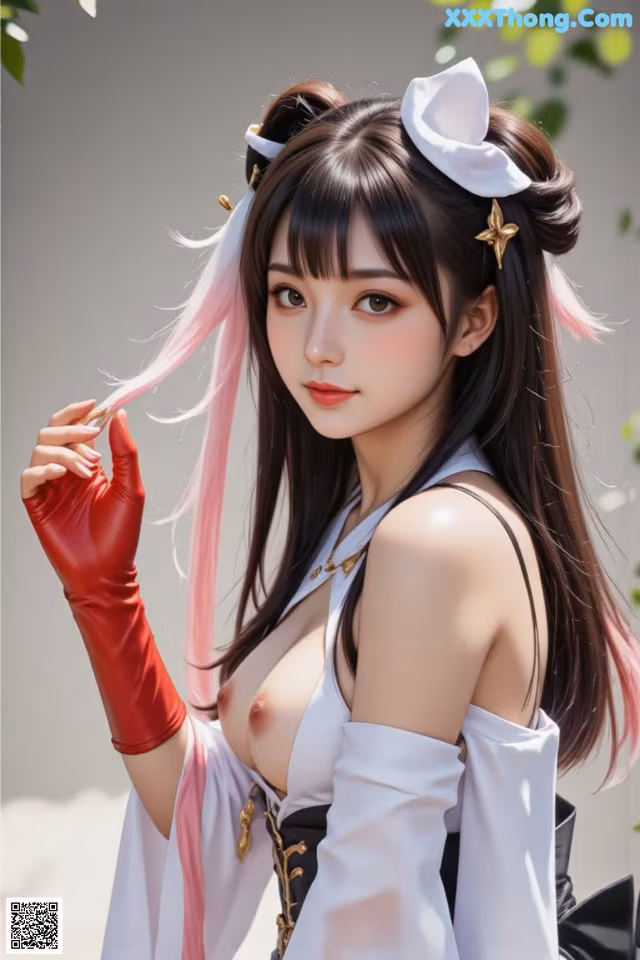 A woman in a white and black outfit with long hair and red gloves.