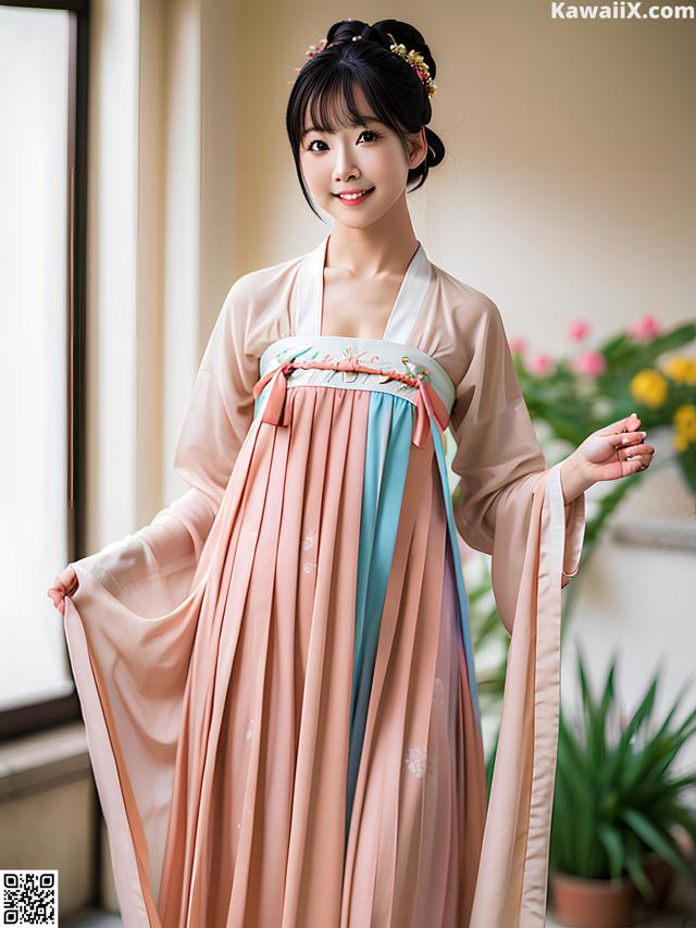 A woman wearing a pink and blue hanbok standing in front of a window.