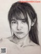 A pencil drawing of a young woman with long hair.