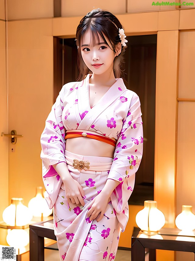 A woman in a pink kimono posing for a picture.