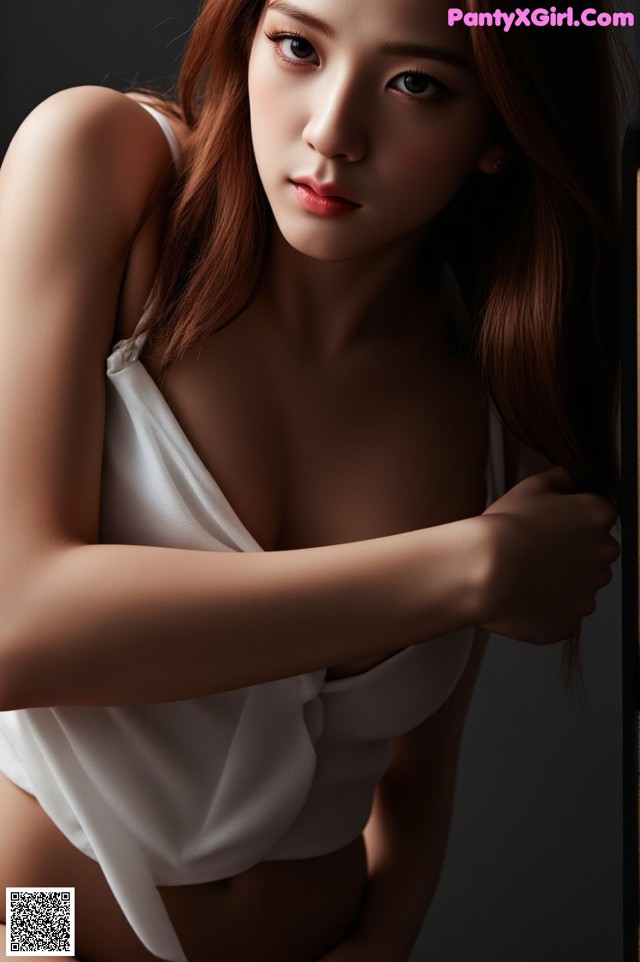 A woman in a white top leaning against a wall.